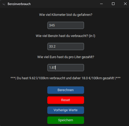 Screenshot der Benzinverbrauch App