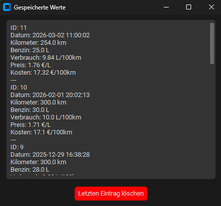 Screenshot der Gespeicherten Werte – SQLite Datenbank