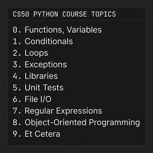 CS50 Python Kurs Themen - Functions, Conditionals, Loops, Exceptions, Libraries, Unit Tests, File I/O, Regular Expressions, OOP, Et Cetera