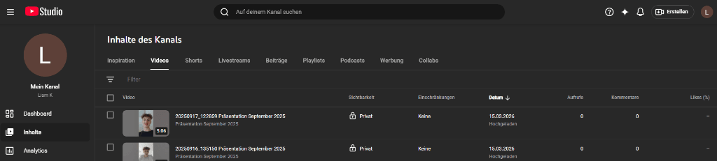 Youtube Studio mit hochgeladenen Videos